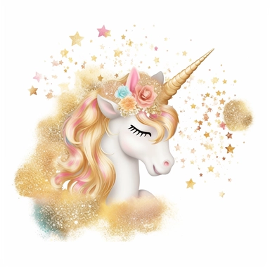 one gold glitter unicorn clipart with a rainbow an fluffy gold clouds,, white background