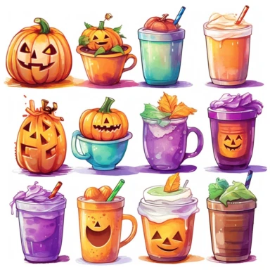 Watercolor cartoon different coffee beverages in different color cups lattes iced coffees with whipped cream halloween scary pumpkins cliparts isolated on a white background, colors purple, teal, orange, yellow high quality, extremely detailed
