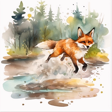 a watercolor art type clipart of a fox cute running in water in a forest on a spring sunny day in the forest