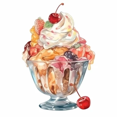 Watercolour of a Ice Cream sundae, Clipart,Cartoon,hyper realistic, intricate detail isolated on a white background, high quality, sublimation, detailed, cartoon style