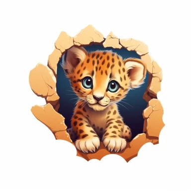 cute leopard cub, peeking out from behind a rock, bold colors, clipart, on a white background