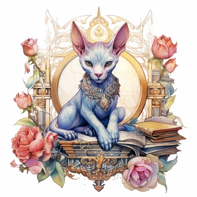 A mysterious Sphynx cat adorned with steampunk-inspired jewelry and gadgets, surrounded by delicate floral blossoms and lounging atop an open book filled with enigmatic symbols. watercolor, Clipart,intricate details, on white background