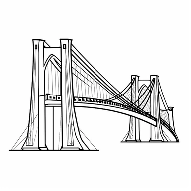 [Theme: New York] Brooklyn Bridge, simple clipart, coloring book for kids, minimalist cartoon vector line art, thick solid black lines, black and white, isolated on white background