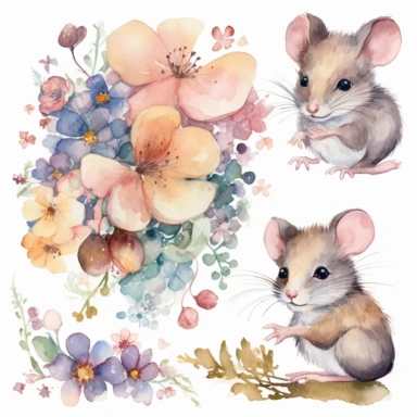mouse and flower Watercolor Clipart Underwater World Watercolor Art Baby mouse Watercolor Cute Baby Animal Watercolor Clipart high quality, white background