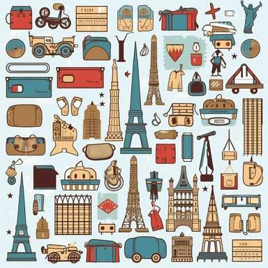 Design a versatile set of travel-themed clipart images, perfect for capturing the spirit of exploration and adventure. Create clipart illustrations of iconic landmarks from around the world, such as the Eiffel Tower, Statue of Liberty, Taj Mahal, or Great Wall of China. Include clipart images of suitcases, passports, airplanes, maps, and cameras to represent the travel experience. Design clipart elements for various modes of transportation, like airplanes, trains, cars, and bicycles. These clipa