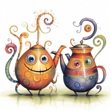 Whimsical magical wacky tea pots, dancing, large eyes, big smile, muted colors, swirls, twists, twirls, metallic, glitter, stylized, funny, centered, airbrushed, digital oil, detailed illustration, clip art, cartoon, 8k,-- ar 9:8