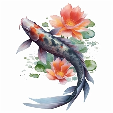 beautiful japanese a koi fish in dark pond, lotus flower and leaves, watercolor style, Sublimation Clipart,hyper realistic, intricate detail, illustration style,high solution,on the white background