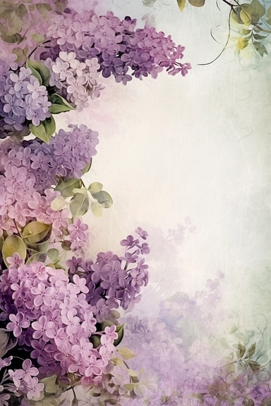 vintage shabby damask narrow floral clipart vignette along the sides and the corners of the picture, little cute bright oil painting style blooming lilac vignette, soff pastel blank center of the picture,