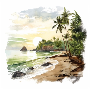 Clipart on white background Dominica Beach lanscape muted at sunset water color
