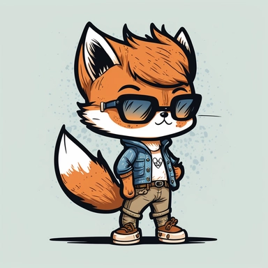 small cute anthropomorphic chibi fox animal, standing on two legs, dressed like a man, wearing modern clothes, wearing jeans and t-shirt, clipart, in sticker style, in comics style, cell shading