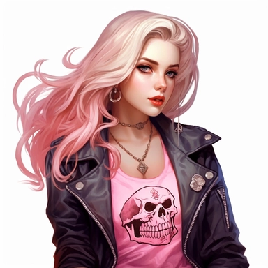 Disney princess Aurora , long blonde rocker hairstyle, dark pink leather jacket over a ripped pink dress, rose necklace, skulls, gothic style, rock style, clipart, white background, by Kawacy