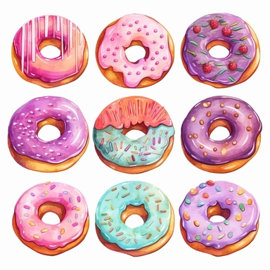 Watercolor donuts, illustrations clipart set, simple, soft colors, cartoon elements, different variants, bread from around the world, wooden elemnts, separate elements with a margin