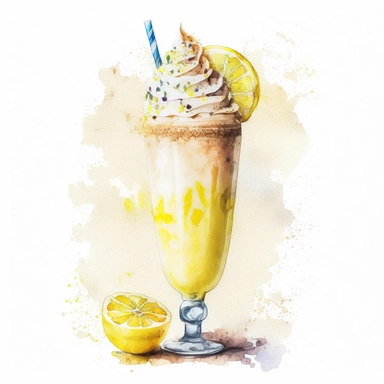 Watercolor one lemon milkshake Clipart, citrus lemon, vibrant color, high details, white background, no text