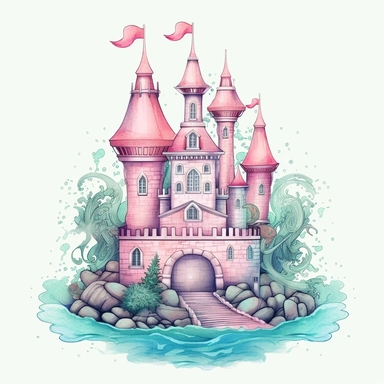 Pastel Cute Beautiful Fairy Castle of Mermaid Sublimation Clipart,Cartoon, hyper realistic, intricate detail, illustration style,high solution,on the white background