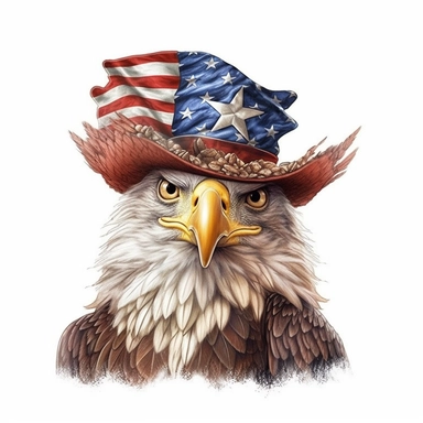 digital clipart, solid white background, a realistic white-tailed patriotic eagle wearing 4th July apparel