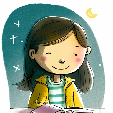 watercolor clipart of a happy Asian-American girl student working hard on a writing project late into the night, moon and stars