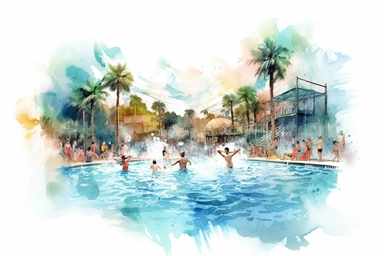 watercolor pool party with white background watercolor illustration isolated on white background with margins, realistic with high details, art decals, clipart, distinct lineart, illustrated album, hyper quality, 32K, unreal engine, Hyperrealism