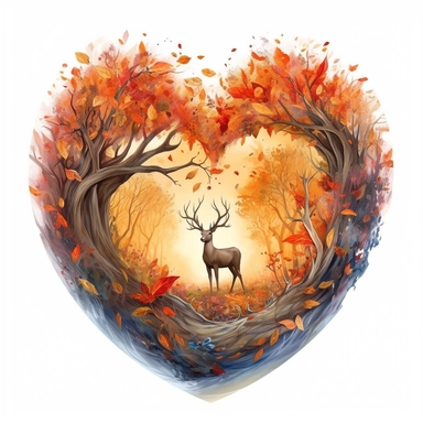 painting of a heart with an autumn forest inside of it, in the style of enchanting realms, nature-inspired installations, bloomcore, mesmerizing colorscapes, skillful, fluid and organic, clipart, blank white background