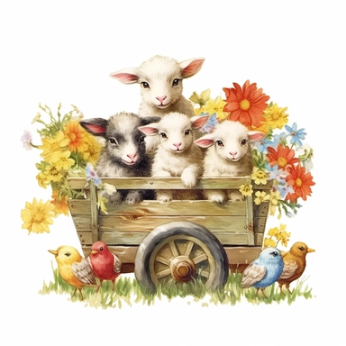 baby farm animals on a hay wagon a spring day, spring flowers and colors on a white background, clipart, vintage style--q2--s100