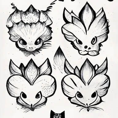 Pokémon style animal, tattoo flash sheet, separate images, black and white, sticker, line art, clipart, white border