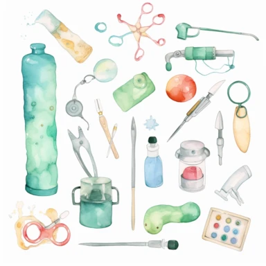 Kids-friendly medical equipment, such as stethoscopes, thermometers, and syringes, with friendly and approachable designs, watercolor png clipart on a white background