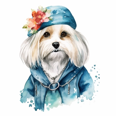 An adorable watercolor clipart of a Doggy Diva wearing a fashionable outfit, white Havanese