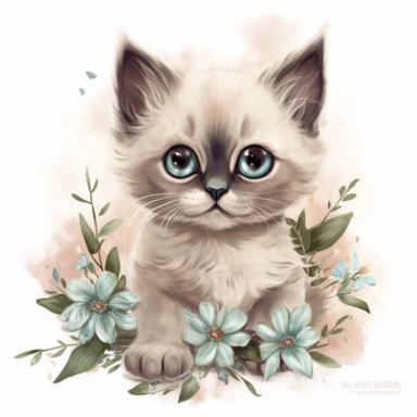 super cute newborn baby siamese fluffy kitten clipart with huge cute baby blue eyes extremely happy excited smiling mouth painted in watercolor style, splashes, muted pastel blush pink and muted pastel sage green and muted pastel sage blue eucalyptus and peony flowers, white background jasmine becket griffith style hyper-realistic photorealistic hd