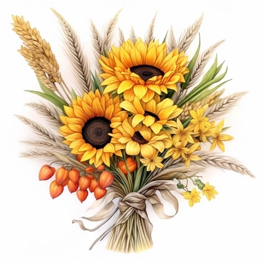 bouquet of wheat and sunflowers , wildflowers , color pencil sketch on a white background for clipart