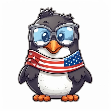 Sticker, American flag with penguin scarf and sunglasses Sublimation Clipart, Cartoon funny, Cute anime, Very detailed, white background