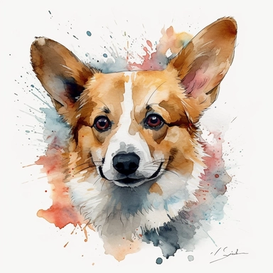 cute Pembroke Welsh Corgi dog portrait, full face, centered shot, side shot, dynamically posed, in action, playful mood, happy mood, playing mood, cute face, adorable smile, childlike eyes, clean watercolor illustration, white background, nursery baby imagery, painting, detailed, 8k, PNG, clipart,