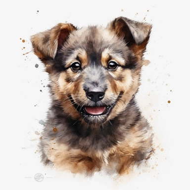 cute Tahltan Bear Dog dog portrait, full face, centered shot, side shot, dynamically posed, in action, playful mood, happy mood, playing mood, cute face, adorable smile, childlike eyes, clean watercolor illustration, white background, nursery baby imagery, painting, detailed, 8k, PNG, clipart,