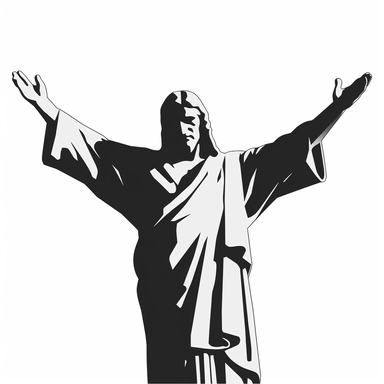 SIMPLE black and white vector clipart of a church style full body Christ the Redeemer with headphones on