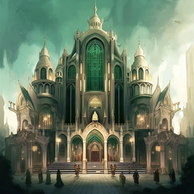 The digital painting depicts an elven council hall in a clipart style. The building is tall and grand with three main tall cylinders, each varying in height. The architecture style blends Victorian and Renaissance elements, creating a truly unique and elegant structure. The building is predominantly ivory in color with emerald green accents and gold details. The hall is located in a bustling elven city, and the sunny day lighting accentuates its sophisticated beauty. The scene exudes a feeling o