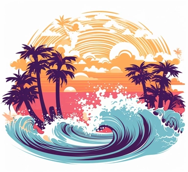 Retro graphic clipart of waves crashing, beach, palm trees, pastel colors, vector graphic, white background, soft edges