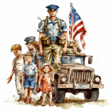 An intricately detailed watercolor clipart illustration displaying an ultra-realistic [specific design idea, like patriotic [soldier and children ] sticker, retro style, white background, the 4th of july style,  ], isolated on a white background, in the style of ultra-detailed watercolor clipart illustrations, HDR watercolor clipart illustrations, 32K watercolor clipart illustrations, hyperrealistic watercolor clipart illustrations, ultra-intricate watercolor clipart illustrations, high-resoluti