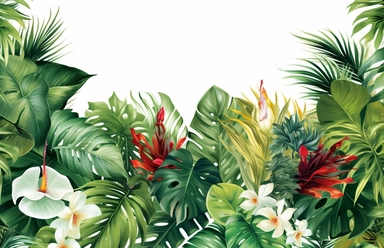 tropical plants background vector clipart, in the style of panoramic scale, white background, magali villeneuve, uhd image, creative commons attribution, unique framing and composition