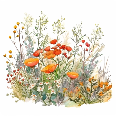 watercolor, hyper realistic, white background, white margins, 16k, ultra detailed clipart, cut out image, hand-drawn, whimsical manhwa style, ultra HD, sharp and clean art a flower bush with a mix of wildflowers. Use an array of warm tones such as tangerine, coral, and burnt orange, to recreate the untamed beauty of a meadow in full bloom
