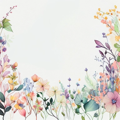 pastel color high resolution many field blossoms and flowers, floral bottom low border, watercolor clipart, white background
