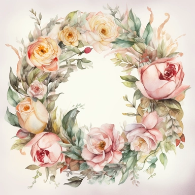 Watercolor Painting of BEAUTIFUL WREATH WITH Rose FLOWERS on white background beautiful multi - headed pale, DETAILED ILUSTRATION, Flora Design Patterns, Flemish Baroque by Rachel Ruysch, Behance, Rococo, Intricate Detailed, Soft Light Effect, Oil Paint Strokes, Light Academia Aesthetic Flowers, Lighting cinematic, all shown shimmering stamens, tyndall light, texture, colorful, 8k, fantasy, ray tracing, vivid, spectacular lighting, octane rendering, highly detailed, ultra - realistic, white back