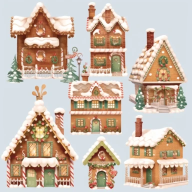 <@936929561302675456> very detailed, gingerbread house town village set of clipart, flat, no 3D, light brown and white, transparent background,