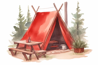 watercolor campsite clipart, pine trees, red pitch tent, hd, on white background