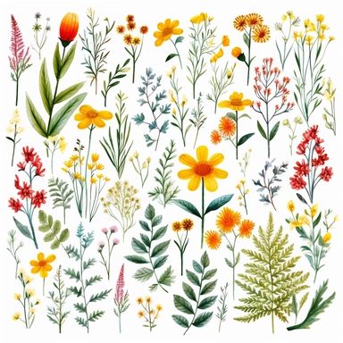 a pattern of individual summer flowers and ferns in the style of clipart on a white background