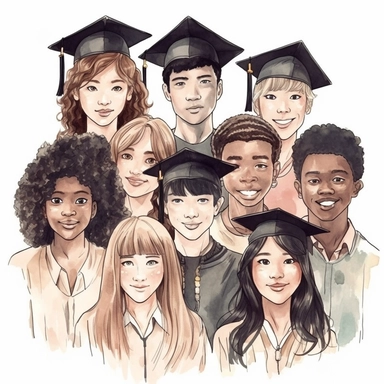 a mixted group of graduation students differents races,perfect faces, clipart, watercolor, anime, white background, black and white ink