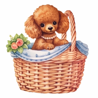 cute poodle on a basket haircut, watercolor, clipart, white background,