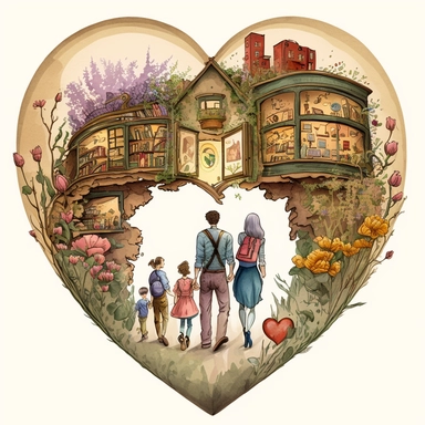 (perfect body figure) of a cute loving American family of 4, hiking into a magical BOOK STORE (a perfect close-up single-point-perspective view from the back) with its own habitats (flowers and plants) made into a natural-heart-shape, vintage in watercolor style clipart, use darker tones, higher saturation colors, Banksy artstyle with minimal effects, super creative watercolor, white background