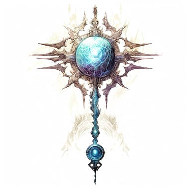 Design a captivating clipart image of a legendary staff against a pristine white background. The staff should have a radiant crystal orb crowning it, adorned with ancient runes and symbols. Let the staff emit a soft, pulsating glow to represent the wielder's magical prowess.