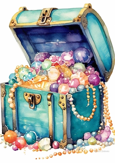 cute watercolor underwater treasure chest full of pearls clipart, full body, hd, on white background, spaced out