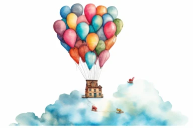 Watercolor, Create a whimsical scene with balloons forming a ladder to reach the clouds. clipart, hd, on a white background, spaced out