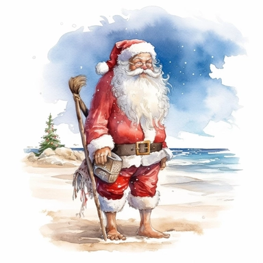 Watercolour of a santa on the beach , Clipart,Cartoon,hyper realistic, intricate detail isolated on a white background, high quality, sublimation, detailed, cartoon style
