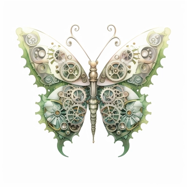 A delicate butterfly with wings detailed with intricate clockwork gears and cogs, with its colors echoing the shine of Olive Green and Dusty Pink watercolour clipart, white background, no watermarks
